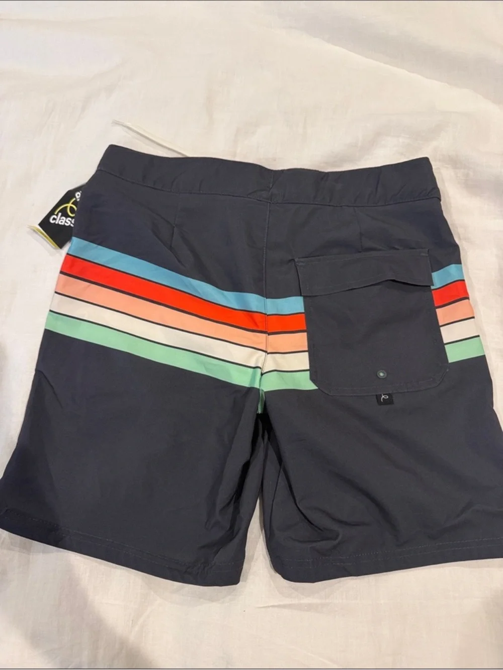 Men's Navy Swim Trunks with Multicolor Stripes